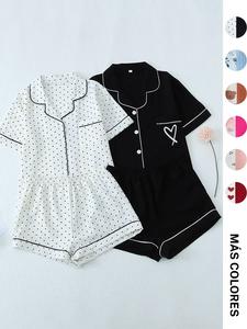 Conjunto de pijama para mujer con estampado integral, conjunto de dos piezas con top y pantalones cortos con bolsillo y ribete en contraste, ropa de dormir para mujer, para el verano, estilos 2024