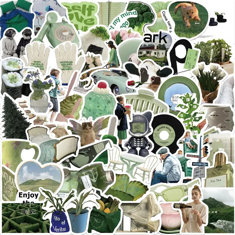 Green Themed Sticker, 63pcs/set Waterproof Self Adhesive Decorative Sticker, DIY Decals for Water Bottle, Laptop, Phone Case, Scrapbooking, Journal Making, Cover 7