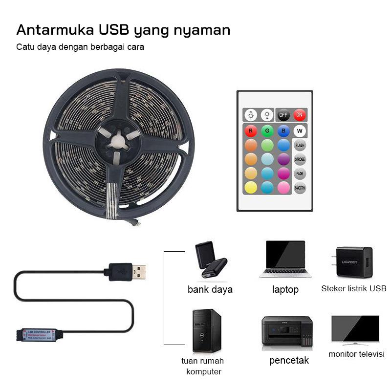 Lampu Strip LED RGB USB CCTV 5050 Putih Hangat IP44 1-5M 5V + Remote Control 5050 lampu  karakter  kamar 6