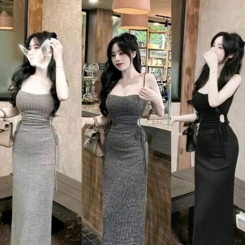 Đầm body 2 Dây Khoét Eo Rút Dây Vải Len Đũa QC Chuẩn From ( có mút ) - Váy Dành Cho Mùa Hè Nữ Women