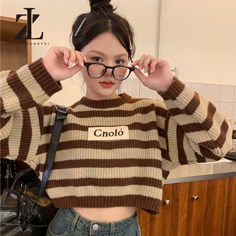 Áo sweater dệt kim tay dài cổ tròn hở rốn họa tiết kẻ sọc ngang thời trang Hàn Quốc cổ điển cho nữ