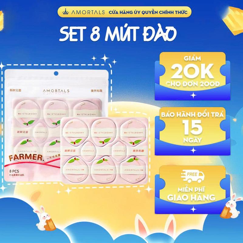 《Amortals Vietnam》Set 8 Bông Mút Tự Xé AMORTALS – Phiên Bản Nông Trại - Vườn Đào | Mút Dùng Khô, Tán Kem Nền, Cushion, Che khuyết Điểm