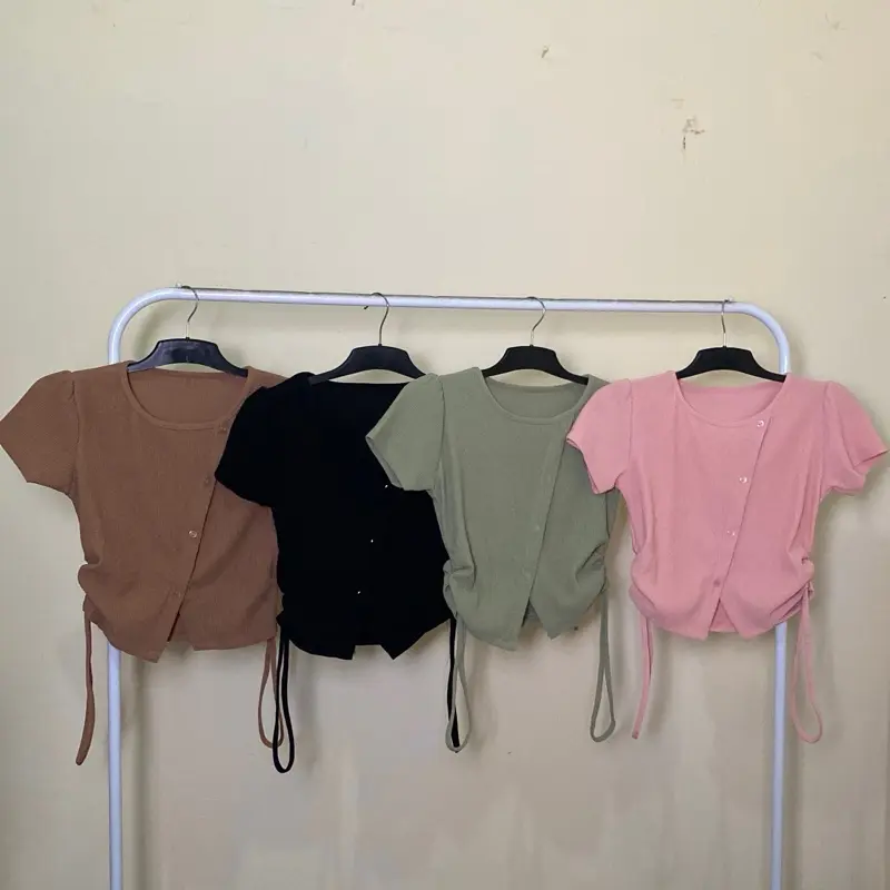 Faith top serut Katun Slim-fitting Kancing asimetris Polos Crew Neck maks LD 90 Atasan Nyaman Kantong Tebal Wanita Cantik Formal Rib Samping Basic Light Lembut slit