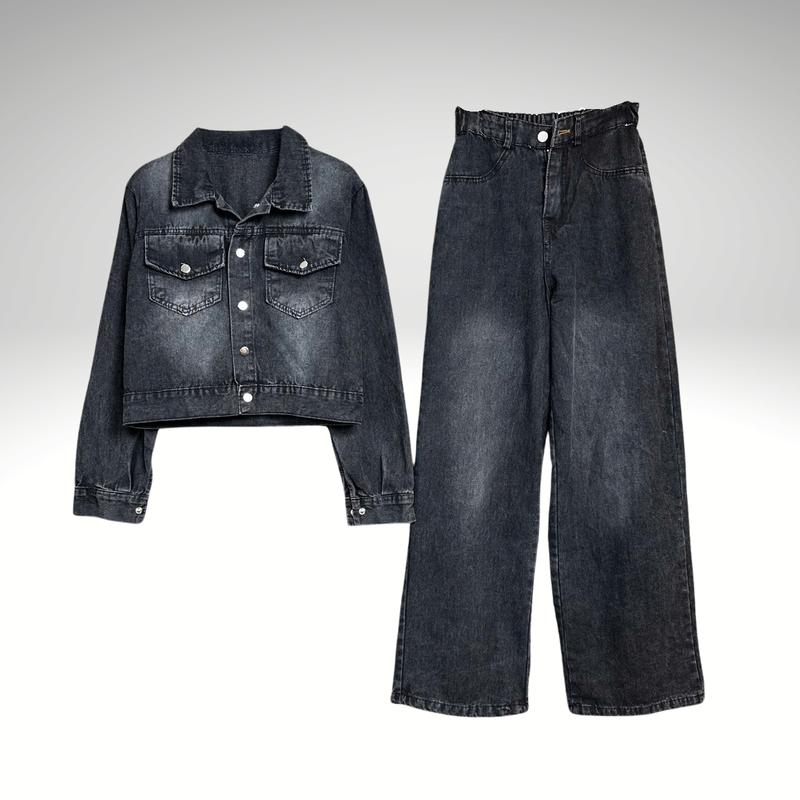 Set Jean B33 Cổ Đức Khuy Bấm Tay Dài Thều Cờ Mặt Sau - Quần Suông Dài Khuy Bấm Jean Mềm Thời Trang Nữ