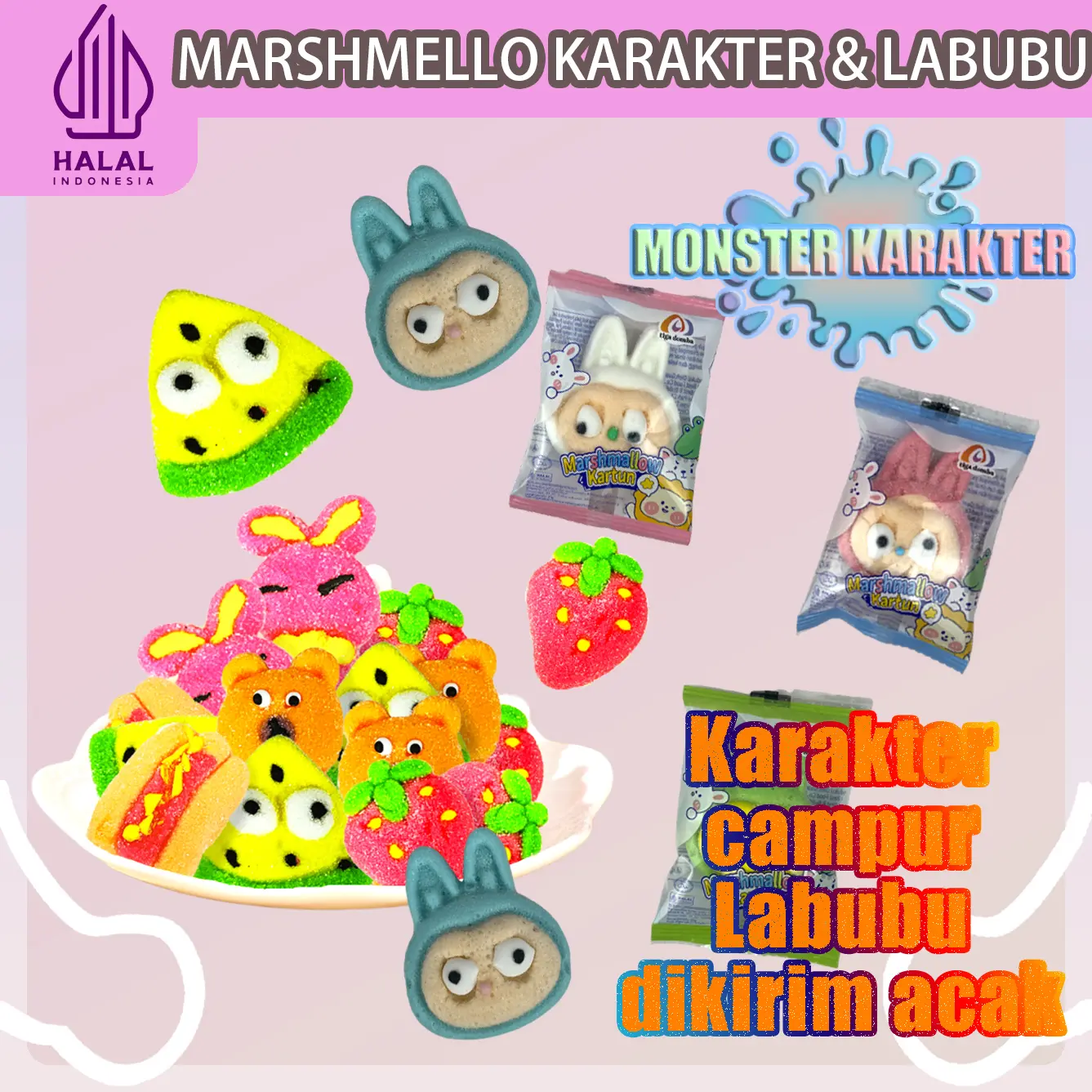 HALAL MARSHMELLO KARAKTER CAMPUR LABUBU RASA BUAH, PERMEN ISI 30PCS