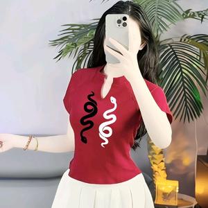 Áo Thun Lửng Nữ Cổ Trụ V In Hình Hắc Xà Bạch Xà, Chất Vải Thun Borip, Voan Women Top Trắng Lịch Polo