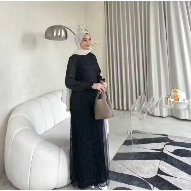 Gamis brokat 2025 model baru Kinar Dress Kondangan Terbaru Bahan Silk Kombinasi Tile Gamis Brukat Pesta Terbaru Warna Burgundy Ukuran S M L XL XXL XXXL Gaun Mewah Wanita Dewasa Lebaran Muslim 5