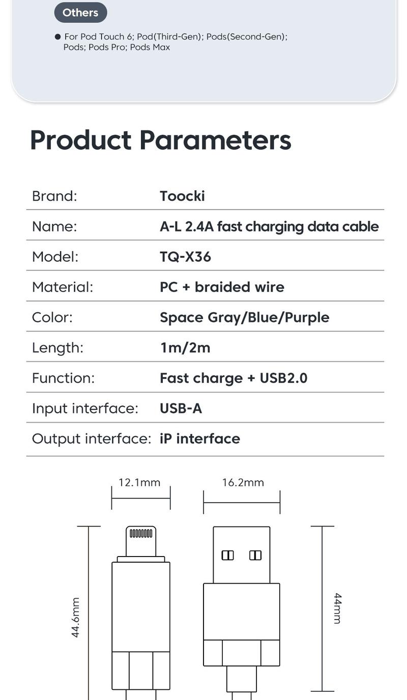Product Introduction of Toocki 2.4A Transparency Series USB-A To Lightning Fast Charging Cable 100cm/200cm Lightning Cable for IPhone 14 13 Pro Max 12 Pro Max 18