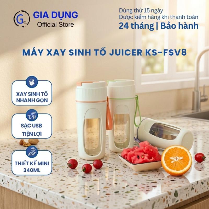 Máy Xay Sinh Tố Mini JUICER KS-FSV8 340ml 8 Lưỡi Dao Sạc USB Cầm Tay Xay Trái Cây Rau Củ Tiện Lợi