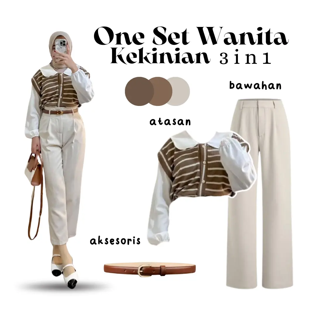 One Set 3in1 Wanita Kekinian Blouse Knit Stip & Celana Jennie Knit Ivory & Ikat Pinggang LR60