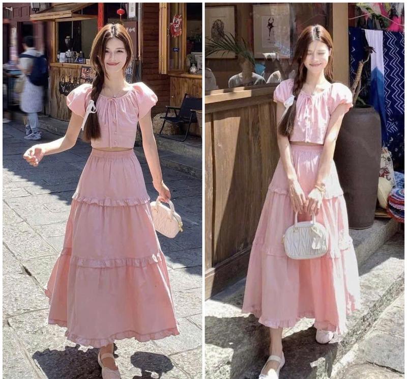  Sét đồ nữ áo chất đũi hàn tay phồng cổ tròn cột nơ kèm chân váy dáng xòe dài dễ thương xinh xắn 