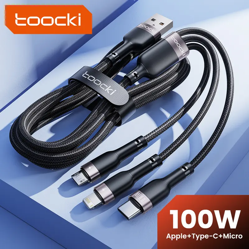 Cáp dữ liệu sạc 3 trong 1, Toocki, Công suất 100W, 1.2m,Tương thích với Micro USB, Type-C và iOS, Thích hợp cho iPhone, Samsung, Huawei, Xiaomi Phụ Kiện 0