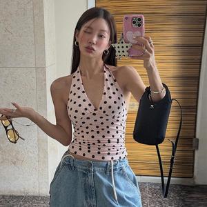 เสื้อกั๊กคอวีเชือกแขวนคอ, Kliou, สำหรับผู้หญิง, พิมพ์ลายจุด, แขนกุด, ผอม, แฟชั่นฤดูร้อน, สตรีทแวร์, การออกแบบเปลือยหลังแบบผูกเชือก, เสื้ออเนกประสงค์