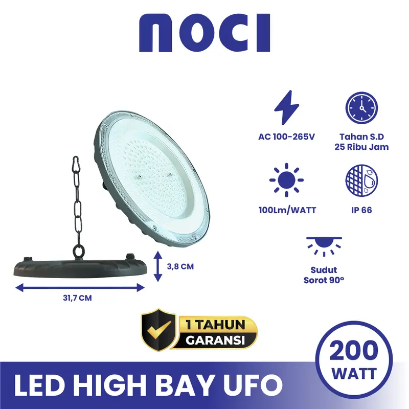Noci Lampu Pabrik Industri/Gudang LED High Bay UFO 100-200 Watt Cahaya Putih 6500K Super Terang