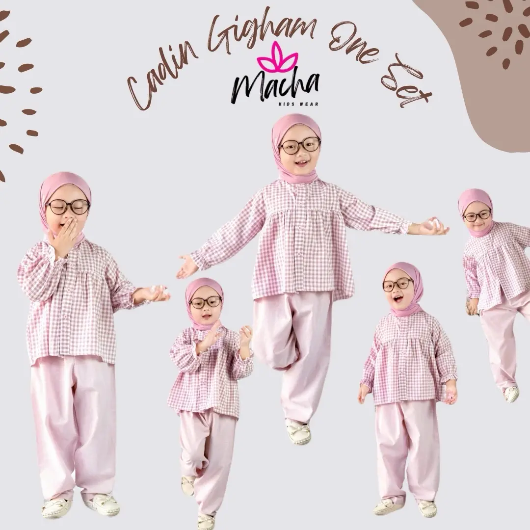 Macha - cadin gingham one set kids mustrad/dusty pink Anak Celana Baju Fashion ±5-7th l 9-10 tahun set el kemeja  korean