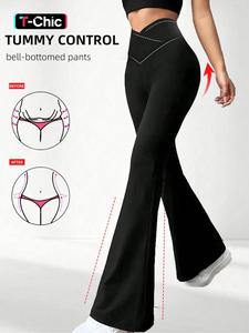 Pantalones de yoga de cintura alta y acampanados para mujer, diseño de cintura cruzada con control de abdomen, leggings de fitness cómodos y a la moda, ajustados deportivos
