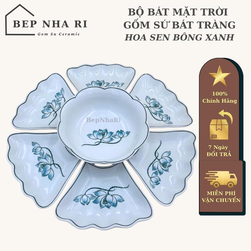    BepNhaRi   Bộ bát Mặt Trời thắp hương gia tiên 7 món – Gốm sứ Bát Tràng cao cấp ️- Hoa Sen Bông Xanh 
