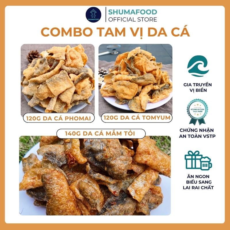   Ưu Đãi Video  Combo Tam Vị da cá ShumaFood: 140g khô da cá mắm tỏi 120g khô da cá tomyum 120g khô da cá phomai snack ăn vặt giòn thơm 