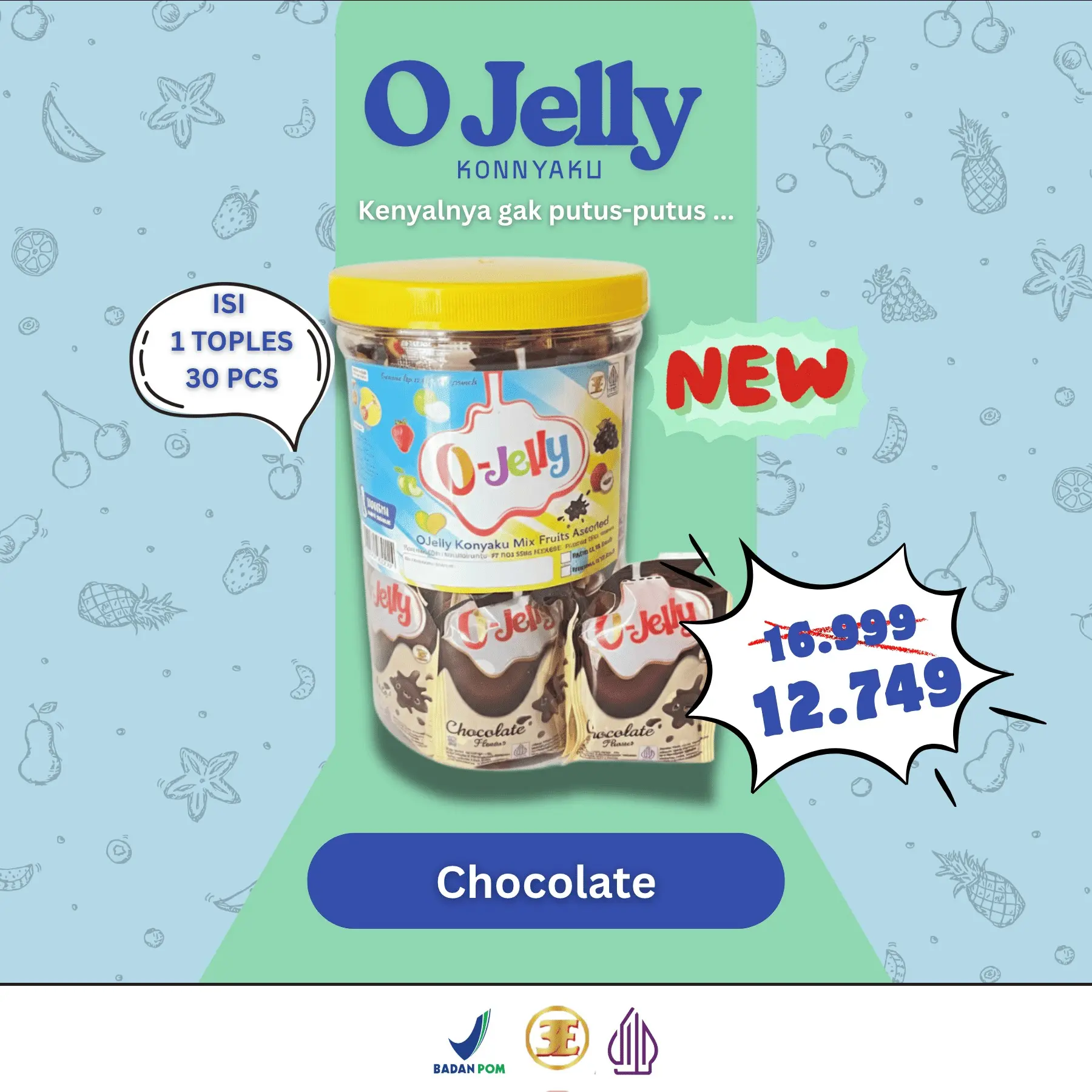 O Jelly/Jeli/Ager/Konnyaku/Satu Toples Isi 30 Pcs/Banyak Varian Rasa/Harga Murah/Cocok Dijual Kembali