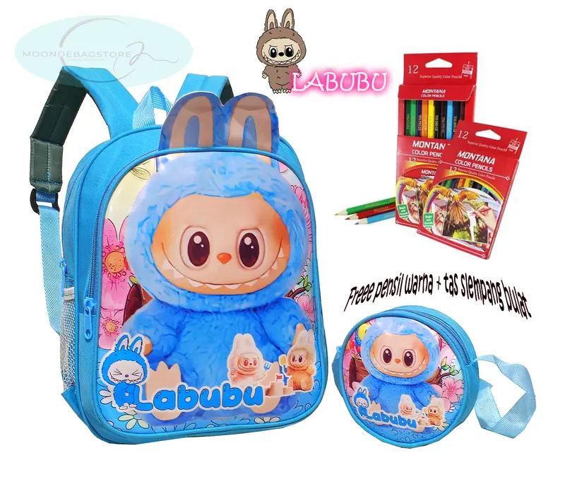Tas Ransel LABUBU Tas Anak perempuan Sekolah PAUD TK SD  Fashion Tas Ransel 2 in 1  Karakter LABUBU FREE Tas Slempang Bulat 3