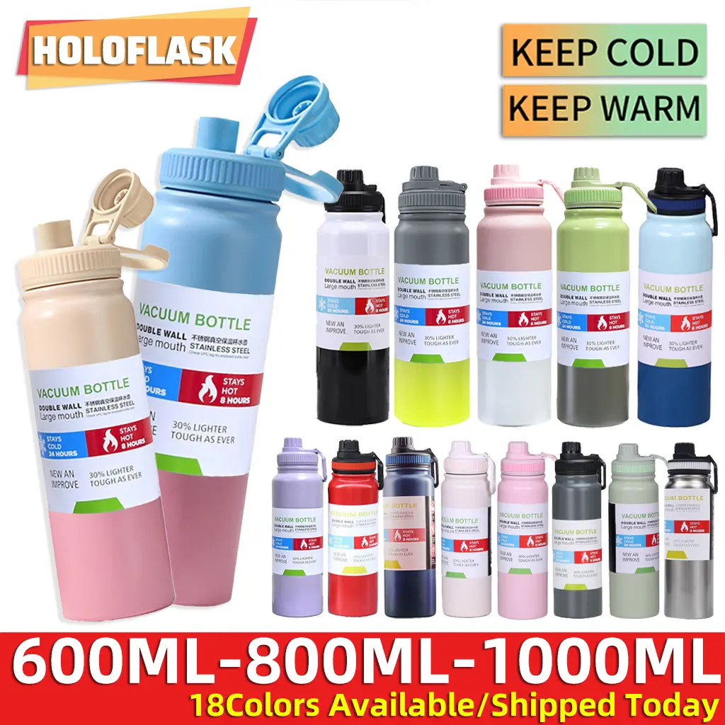 Stainless Steel 600/800/1000ML Sports Water Bottle Thermos Outdoor Tumbler hot and cold for kids/adult Large Capacity Double Wall Vacuum Insulation Cover Drinkware Insulated Flasks Portable Bottled Mug