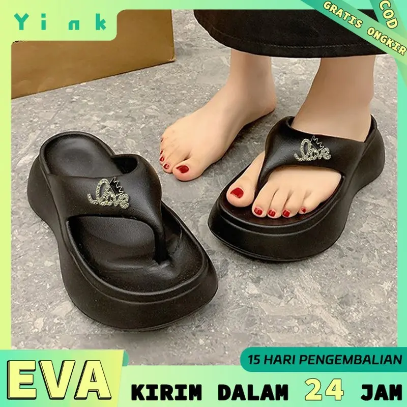 YINK Sandal Wanita Tinggi 5.5CM Wedges Elegan Terbaru Platform Tebal Sendal Jepit Wanita Casual Motif Love Cewek Dewasa Premium EVA
