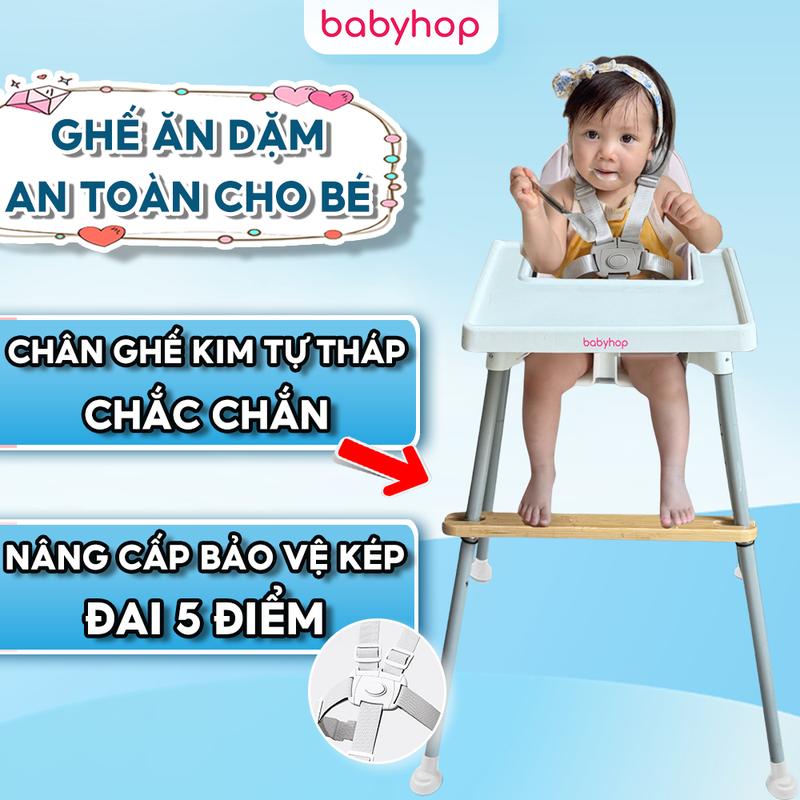 Ghế ăn dặm, bàn ăn cho bé Babyhop kèm mặt bàn nhựa nguyên sinh, điều chỉnh 2 nấc cao/thấp, 5 dây đai an toàn sử dụng cho trẻ em từ 6 tháng->3 tuổi