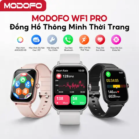 Đồng Hồ Thông Minh MODOFO WF1 Pro – Màn Hình AMOLED 1.93 Inch, Gọi Điện Bluetooth 5.4, Pin 400mAh Dùng 5-7 Ngày, Theo Dõi Nhịp Tim & Giấc Ngủ, Chống Nước 1ATM – Đen/Hồng/Be/Bạc
