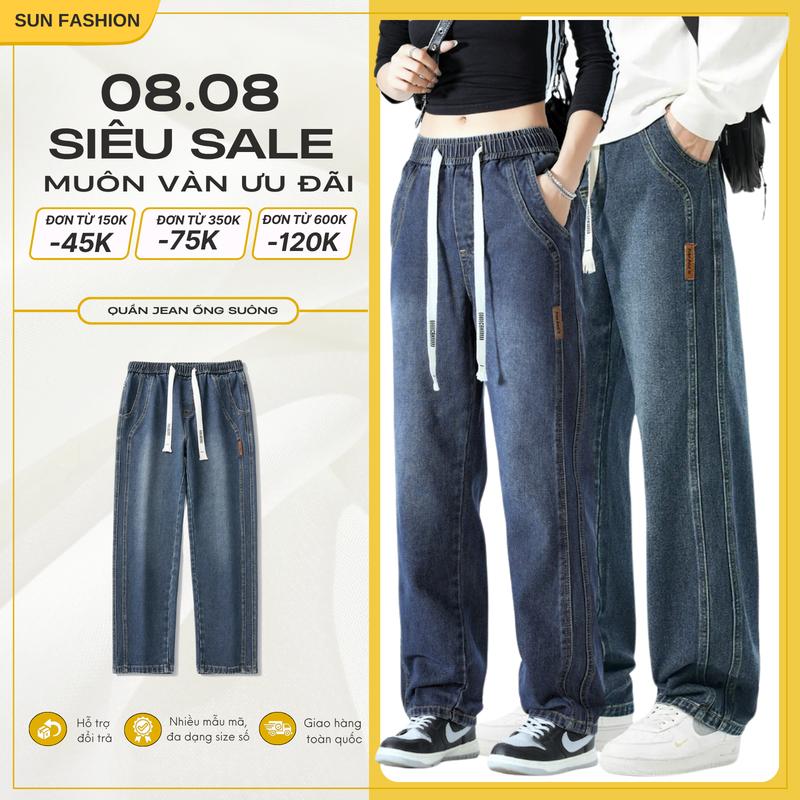 Quần jean nam nữ ống suông rộng bigsize SUN N9 Xanh Thẫm Retro, thiết kế cạp chun thoải mái, phong cách Hàn Quốc