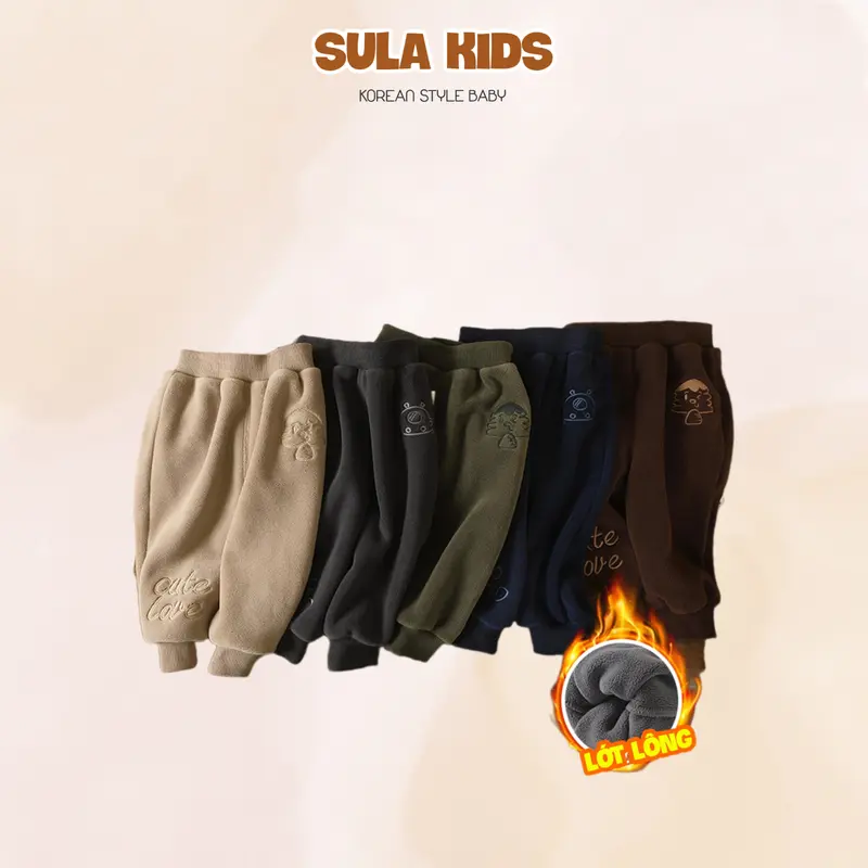 Quần dài chất nhung lông lót lông siêu mịn thêu hình cute cho bé trai và gái hàng QC - QN13 0