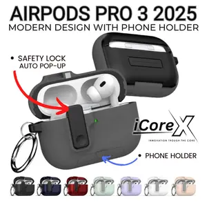 Casing Shockproof Airpods Pro3 2025 | Pro 3rd Generation | Pro Gen 3 Safety Lock Case Airpod Textured / Matte Color Modern Design With Phone Stand Holder