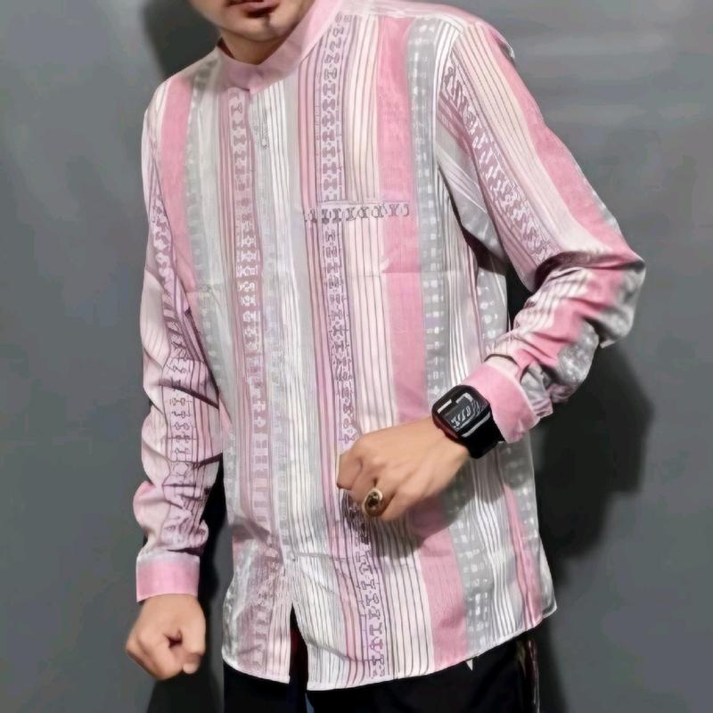 HM - Kemeja koko pria Dewasa lengan panjang Motif salur Batik, Atasan baju lebaran Keren Muslim terbaru 2025.Katun Formal Casual Santai 2