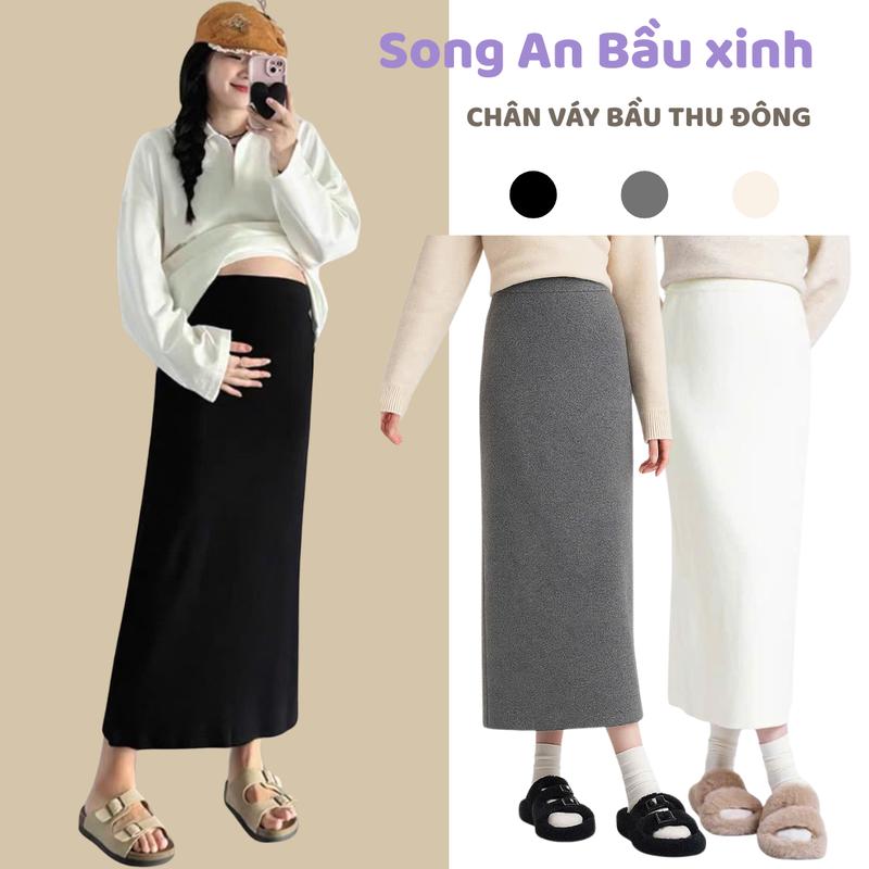 Chân váy bầu ống đứng dáng dài chất nỉ co giãn thu đông Song An mặc ấm bigsize