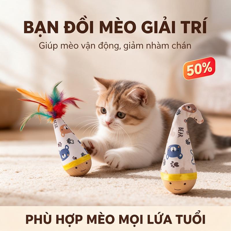 Đồ chơi mèo không bị lật – tự giải buồn, tự quay về đúng vị trí, có chuông lông vũ chống chịu móng sắc; đồ chơi cho mèo con và mèo trưởng thành; đồ chơi mèo không bị lật, đẩy mà vẫn quay về đúng vị trí; chuông lông vũ.