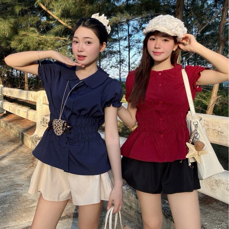 Áo sơ mi nữ cổ sen 1 lớp tay bo cộc tay chun eo 3 hàng phối dây nơ buộc sau lưng ChangStore - A63