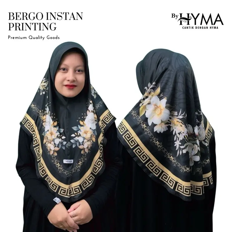 Hyma Hijab - Jilbab instan Bergo Motif Printing Jersey Premium CROWN - Mahkota Muslim Kerudung Wanita Dewasa Panjang Khimar Syari Renda Cantik