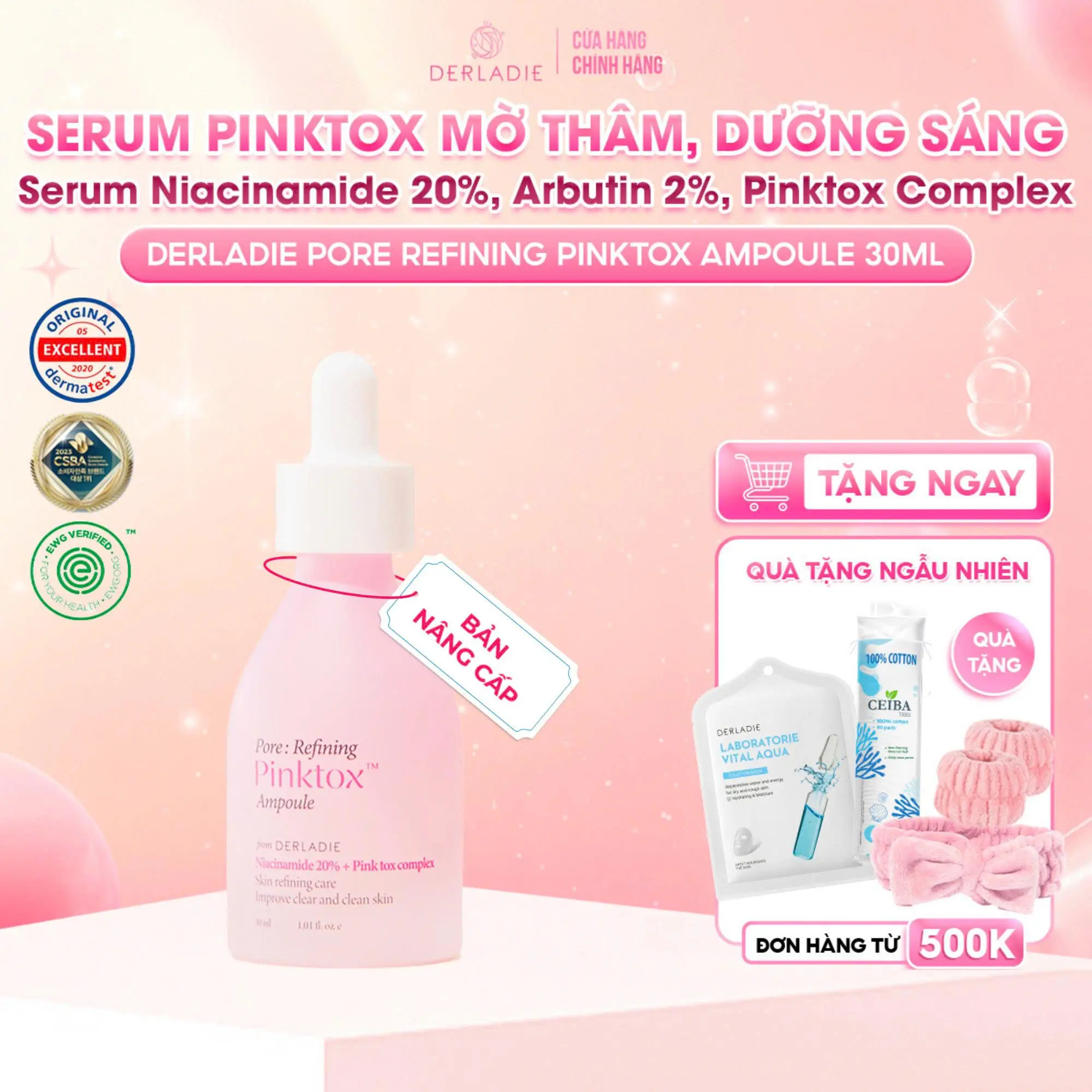 Serum dưỡng sáng da mờ thâm đỏ, chăm sóc lỗ chân lông DERLADIE PORE REFINING PINKTOX AMPOULE 30ml