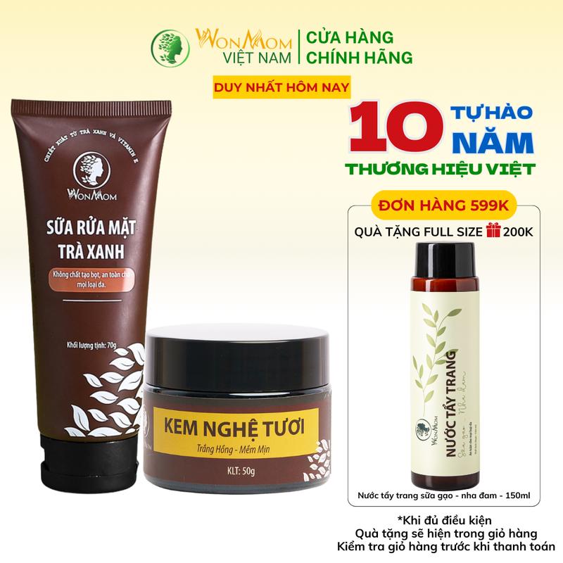 Combo 2 Món Hỗ Trợ Làm Sách Sâu Dưỡng Trắng Sáng, Ngăn Ngừa Thâm, Nám, Sạm, Tàn Nhang Wonmom, Skincare Làm Đẹp Cho Nữ ( 1 Sữa rửa mặt 70g + 1 Kem nghệ tươi 50g )