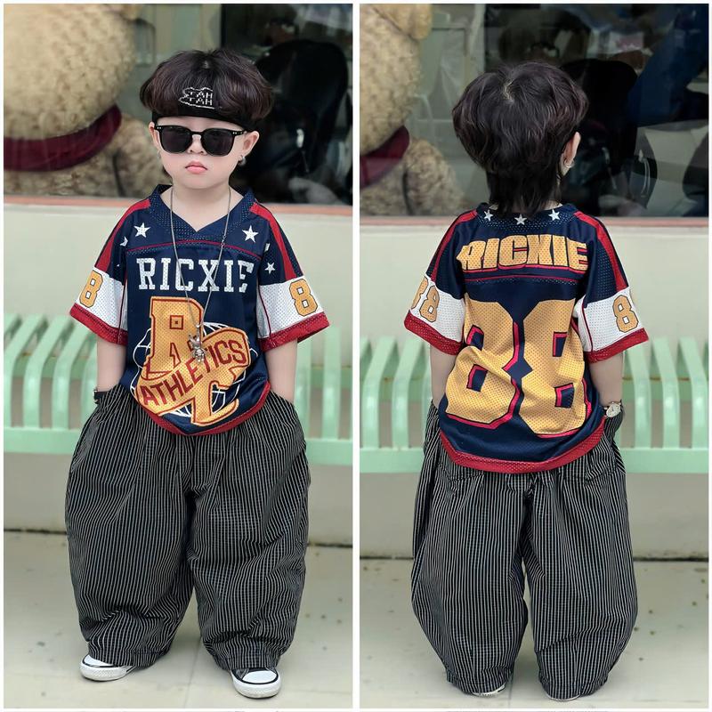 Ricxie-kids Áo Thun Lưới RC88 Ricxie Kids Cho Bé Trai Và Bé Gái Form Boxy Màu Xanh Than Kết Hợp Đỏ Size 1-4 Thoáng Mát Phù Hợp Cho Bé Từ 10-40kg Chất Liệu Lưới Thoáng Mát