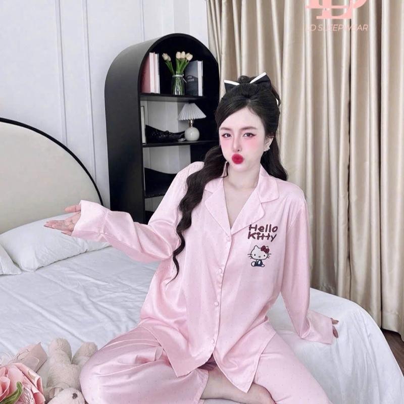  Đồ bộ nữ pijama - Lụa hàn châu -  45-65kg  - Cổ truyền thống không chạy viền - tay dài quần dài 95cm- beo 