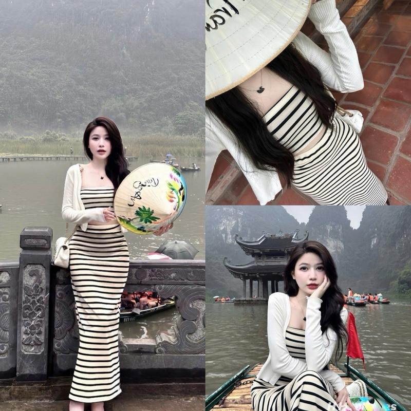 Set áo ống (có mút)sọc ôm phối chân váy đuôi cá sọc kèm áo khoác dài trắng Sang chảnh cá tính dành cho Nữ đi dạo phố đi chơi-H45