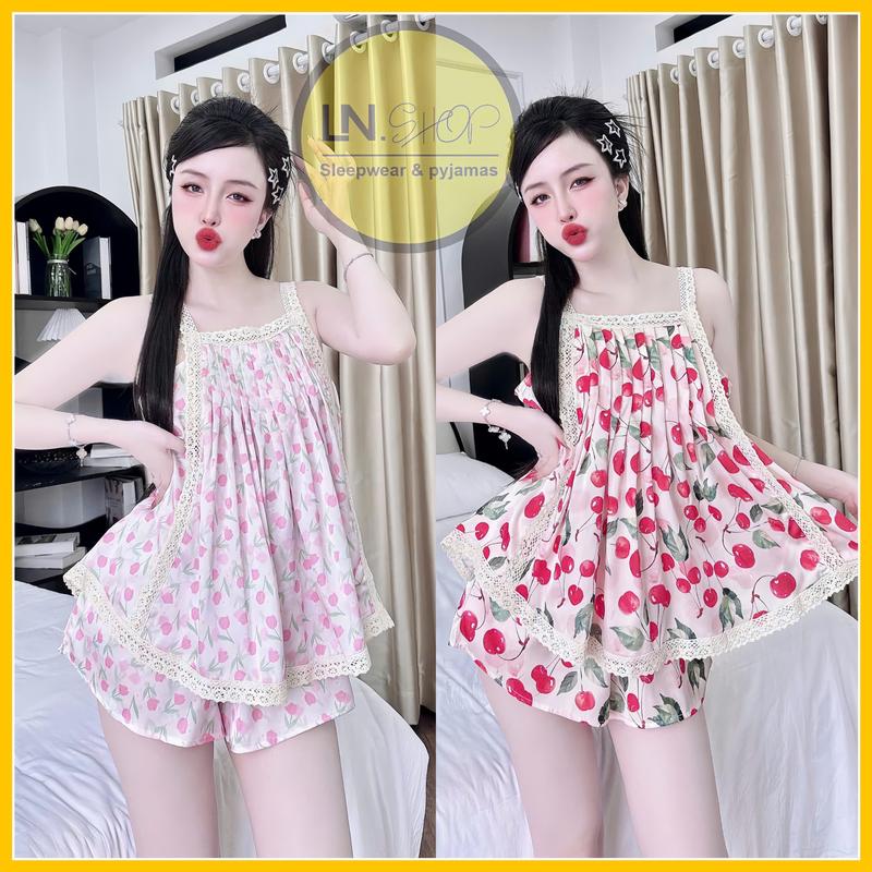  Đồ bộ nữ bộ ngủ nữ bộ hai dây ren nu áo xếp li quần đùi chất lụa latin in thiết kế dáng yếm xòe 
