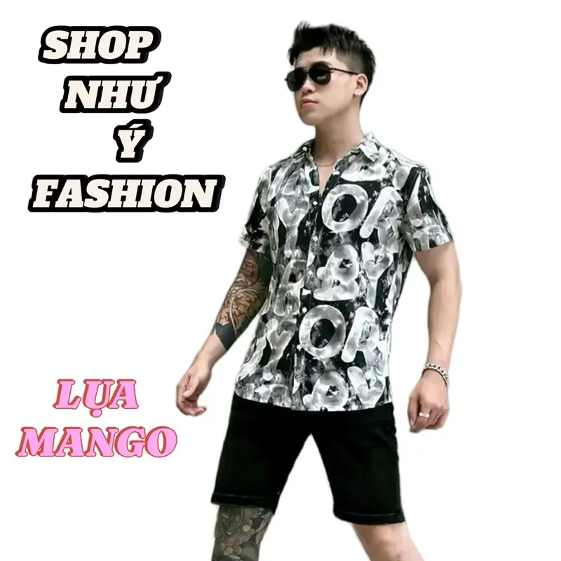Áo Sơ Mi Nam hoạ tiết in loang màu phối chữ chất liệu lụa mango không xù chống nhăn ,phom dáng chuẩn Menswear
