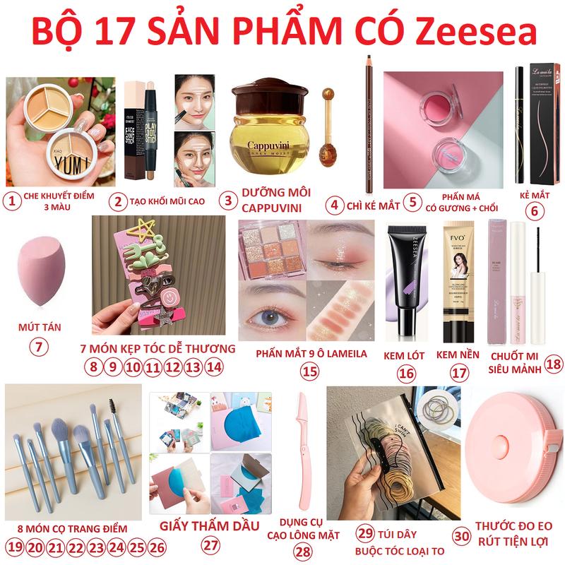 Bộ 17 Món Make Up trang điểm dành cho cá nhân cao cấp nội địa trung nhà FISHVN gồm :  Son , phấn má , phấn phủ , kẻ mắt,  xịt khóa make up , chuốt mi , mút tán kem nền , chì xé kẻ mày , kẹp mi , bộ cọ trang điểm Son Kem Che Khuyết Điểm Mỹ Phẩm Cosmetic Nữ