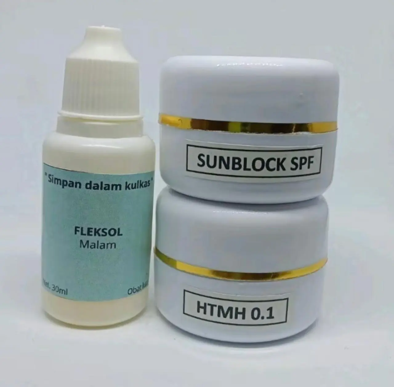paket lengkat 3 in 1 sunblok hth o1 sunblok +fleksol mencerahkan noda wajah