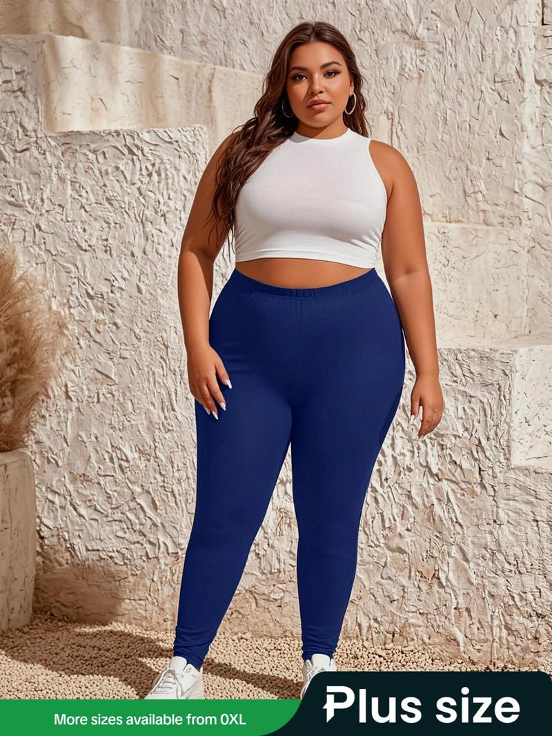 Product Introduction of 【Plus Size】 Solid Color Skinny Pants, Casual Comfy Breathable Seamless Leggings for Daily Wear, Women's Bottoms for Summer 1