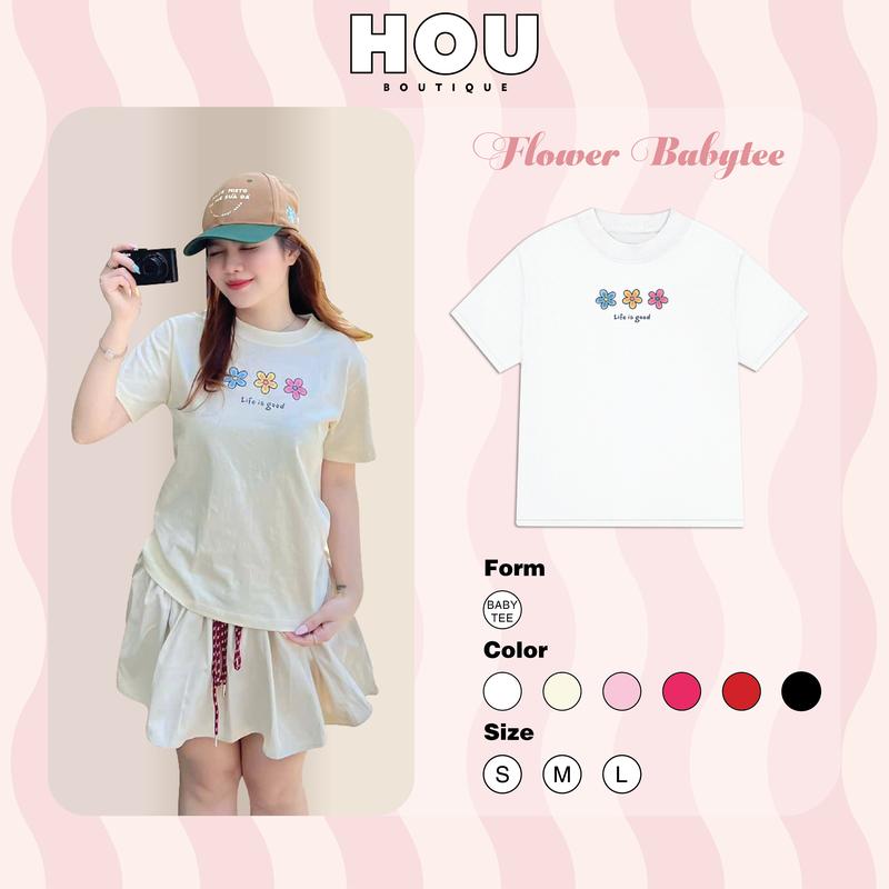 Áo thun nữ baby tee Flower Life is good HOU boutique chất thun cotton 250Gsm 2 chiều top cổ tròn Women Đen