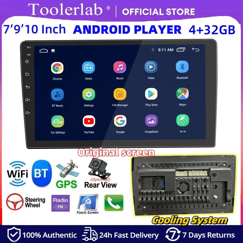 Android Car Radio Stereo with Cooling System 4+32G/64G 7/9/10 Inch Bluetooth Touchscreen Car Player