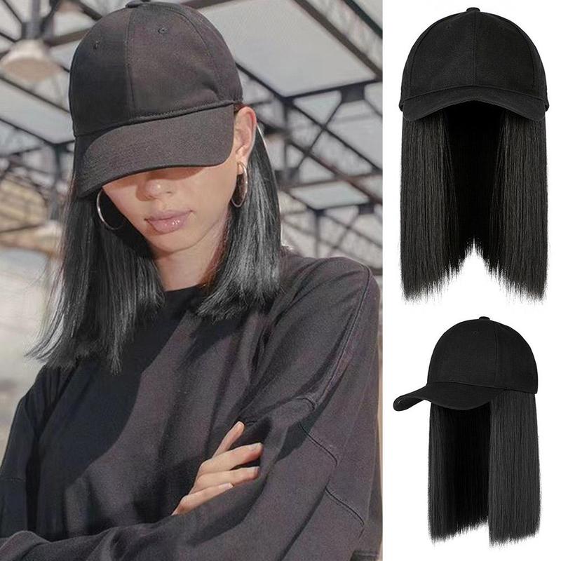Fashion wig, black hat, hat, long wig, baseball cap, long straight hair, hat with wig m8j9 1