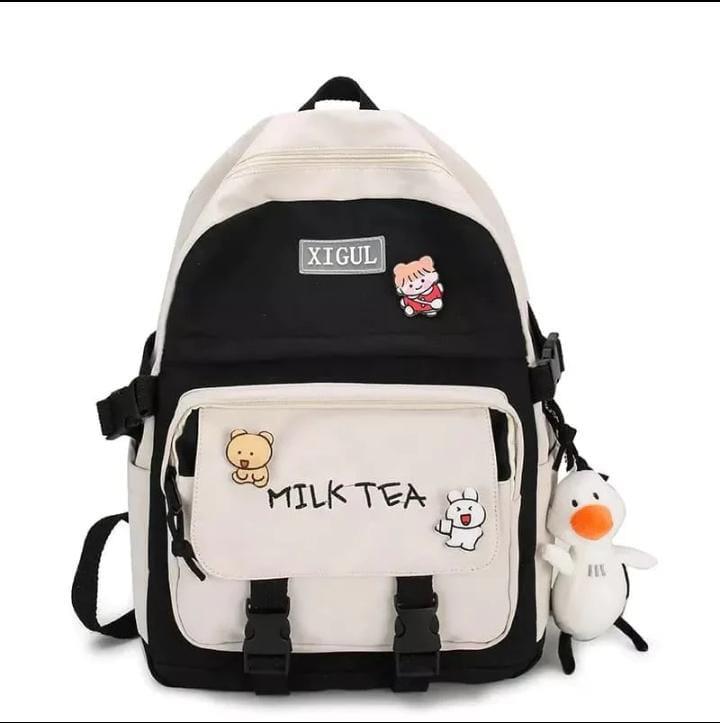 Tas Ransel Sekolah Milk Tea/Karakter Kanvas Backpack Wanita 3
